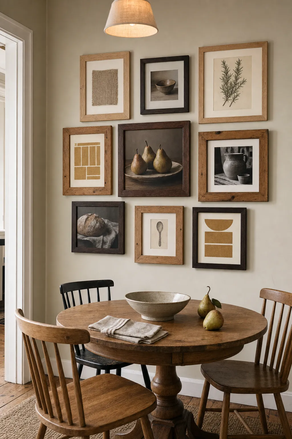 Warm oak walnut and pine frames arranged as a balanced dining room gallery wall