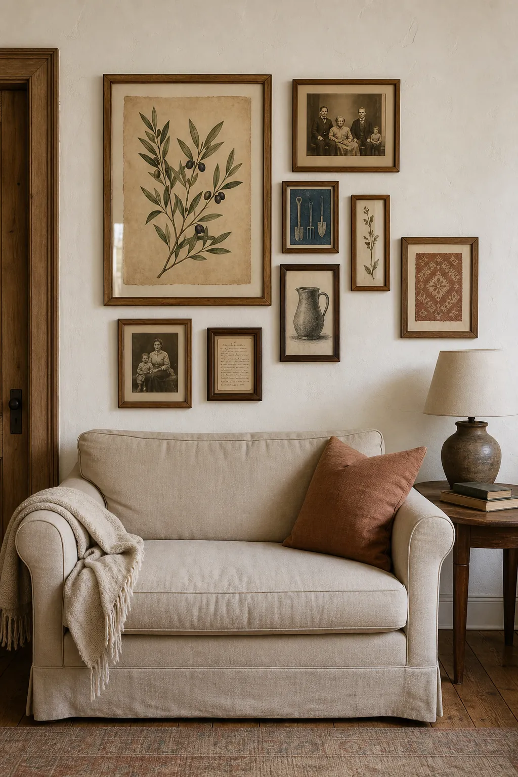 Rustic gallery wall with a large botanical anchor print and mixed wood frames