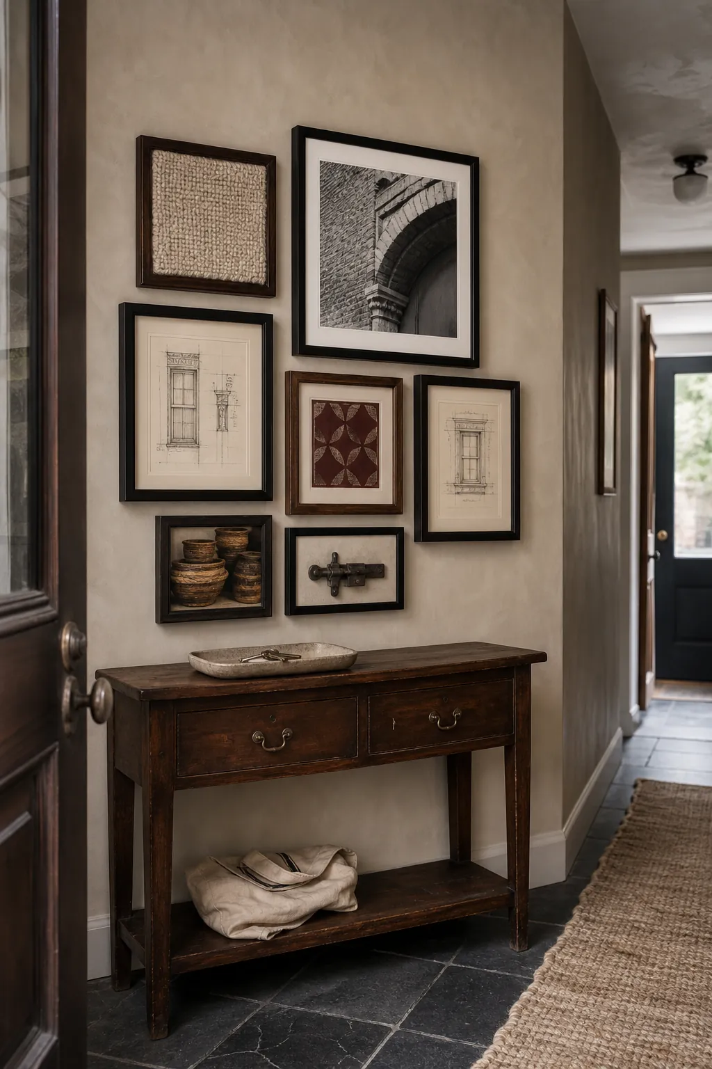 Rustic entryway gallery wall with dark wood frames sized to a narrow console