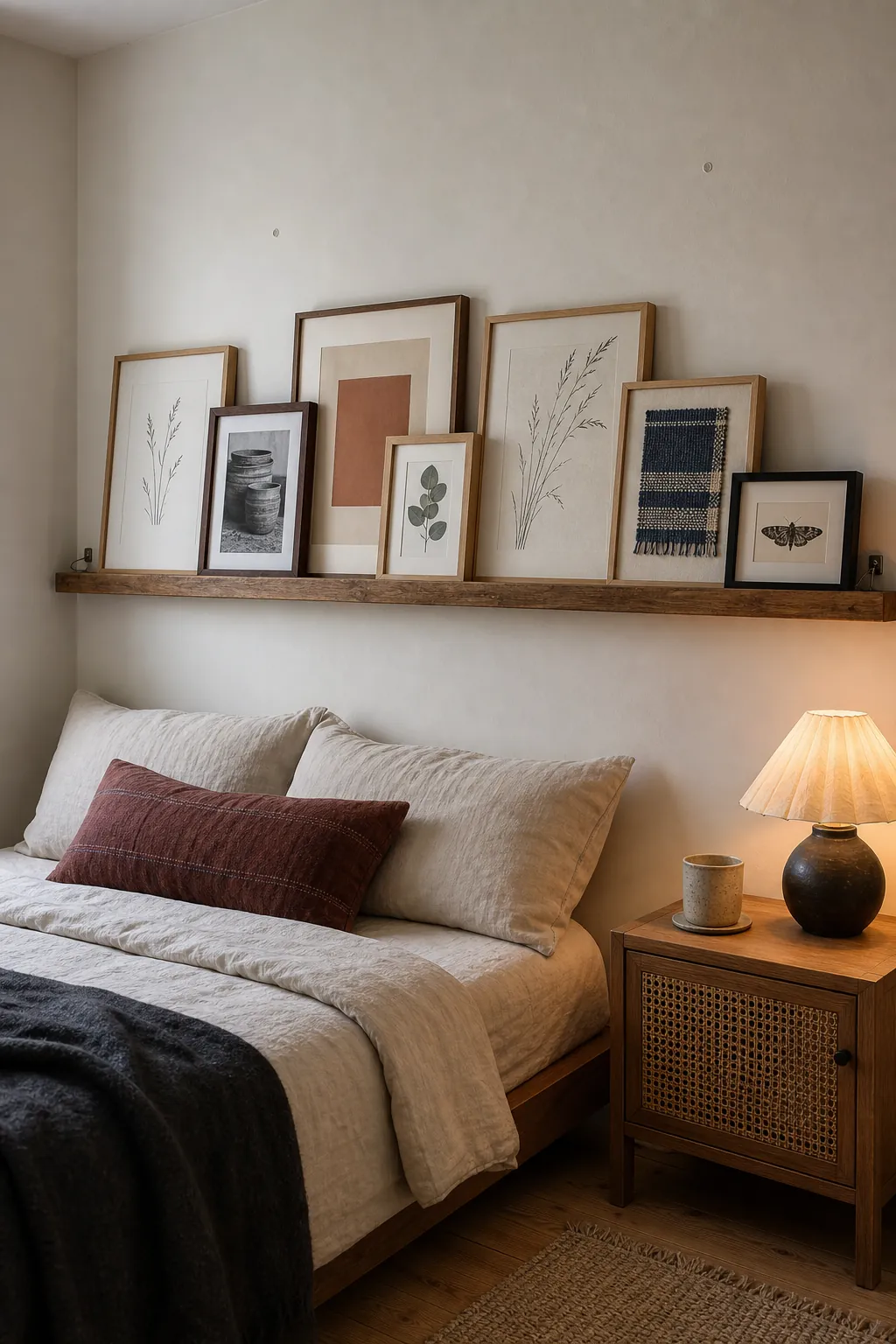 Renter friendly rustic picture ledge with evenly spaced leaning wood frames