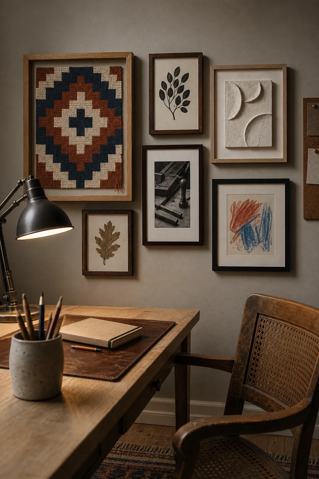Textural rustic home office gallery wall with wood frames woven textile and block prints