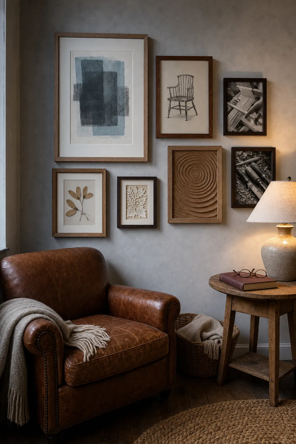 Rustic reading nook gallery wall illuminated by soft natural and lamplight