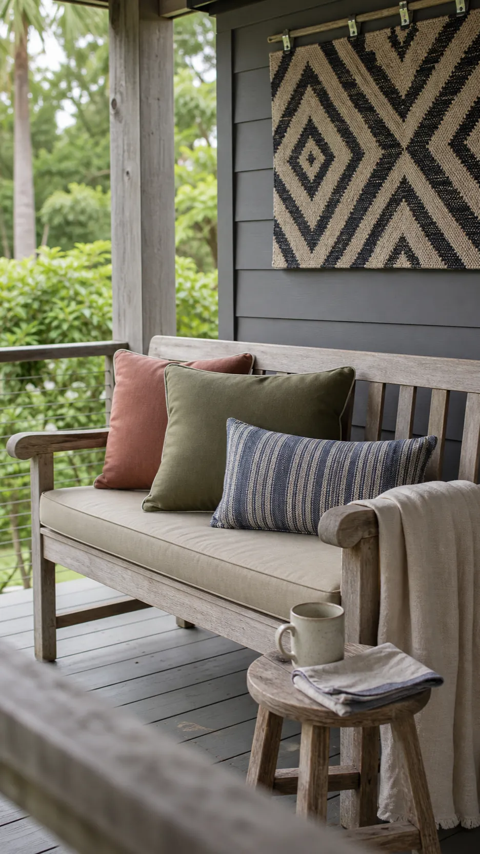 Outdoor seating with breathable late summer textiles in olive and muted clay