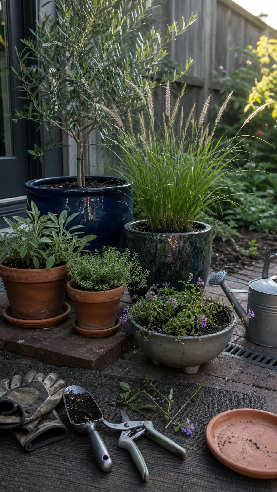 Refreshed late summer patio containers with herbs, grasses, and healthy foliage
