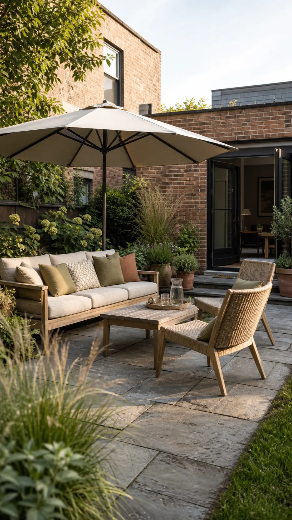 Relaxed late summer patio with practical shade, healthy plants, and transitional color