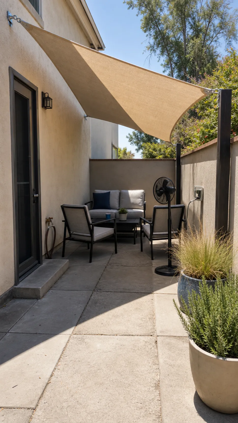 Late summer patio seating arranged beneath a practical shade sail