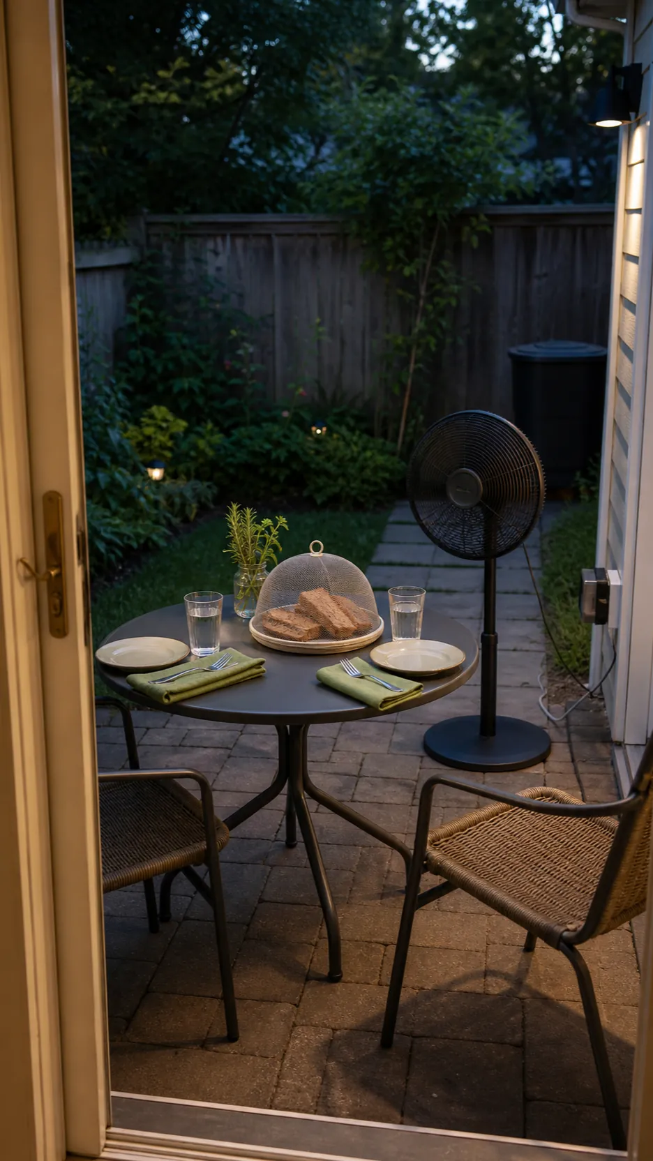 Practical late summer patio dinner table with mesh food cover and outdoor fan