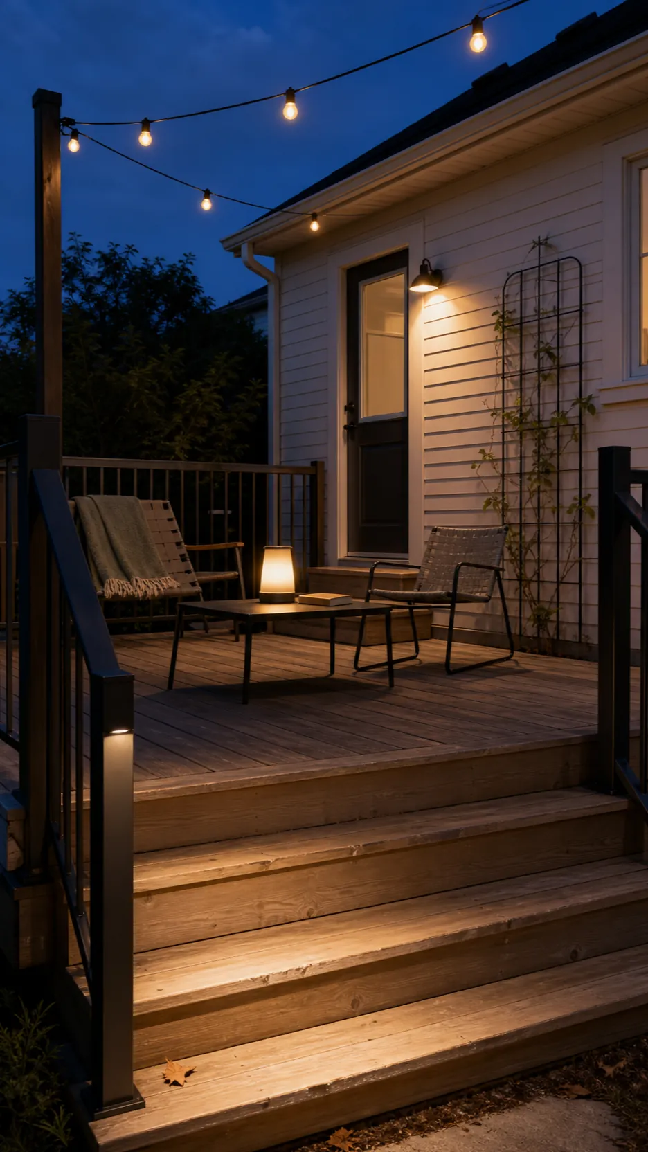 Late summer patio at dusk with safe layered outdoor lighting