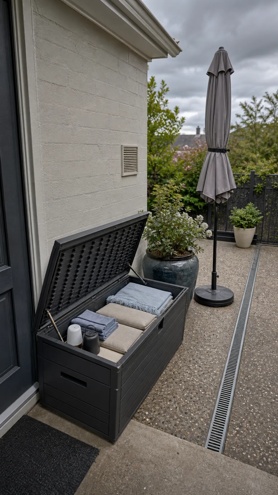 Weather-ready patio with ventilated cushion storage and secured decor