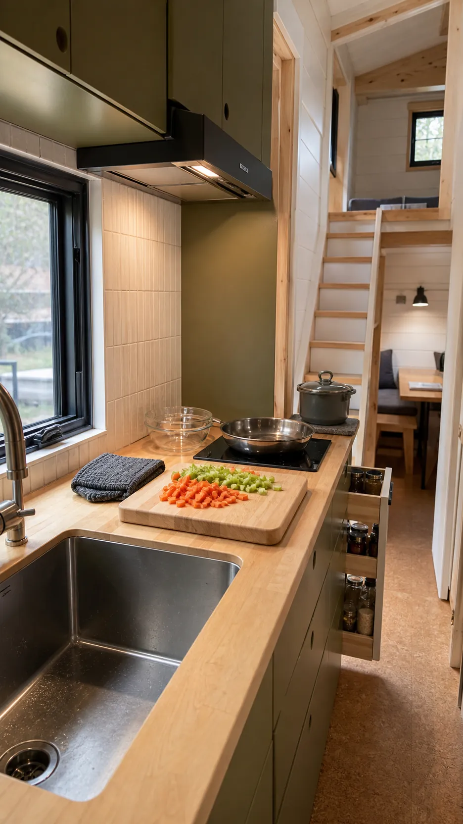Functional tiny home kitchen prepared for frequent daily cooking
