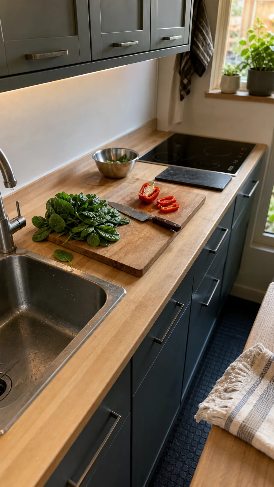Tiny home kitchen with efficient prep space between sink and cooktop
