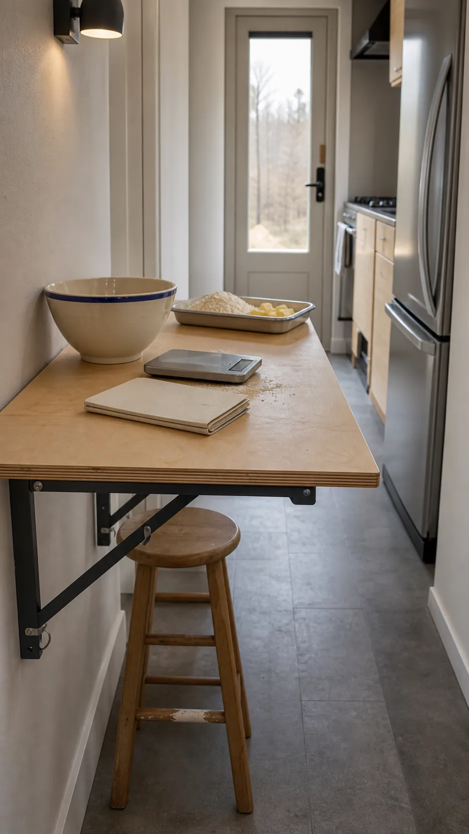Wall mounted folding meal prep surface in a compact tiny home kitchen