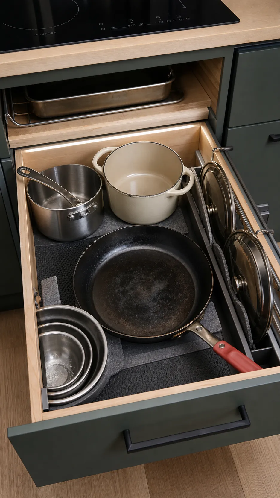Deep compact kitchen drawer organized for frequently used cookware