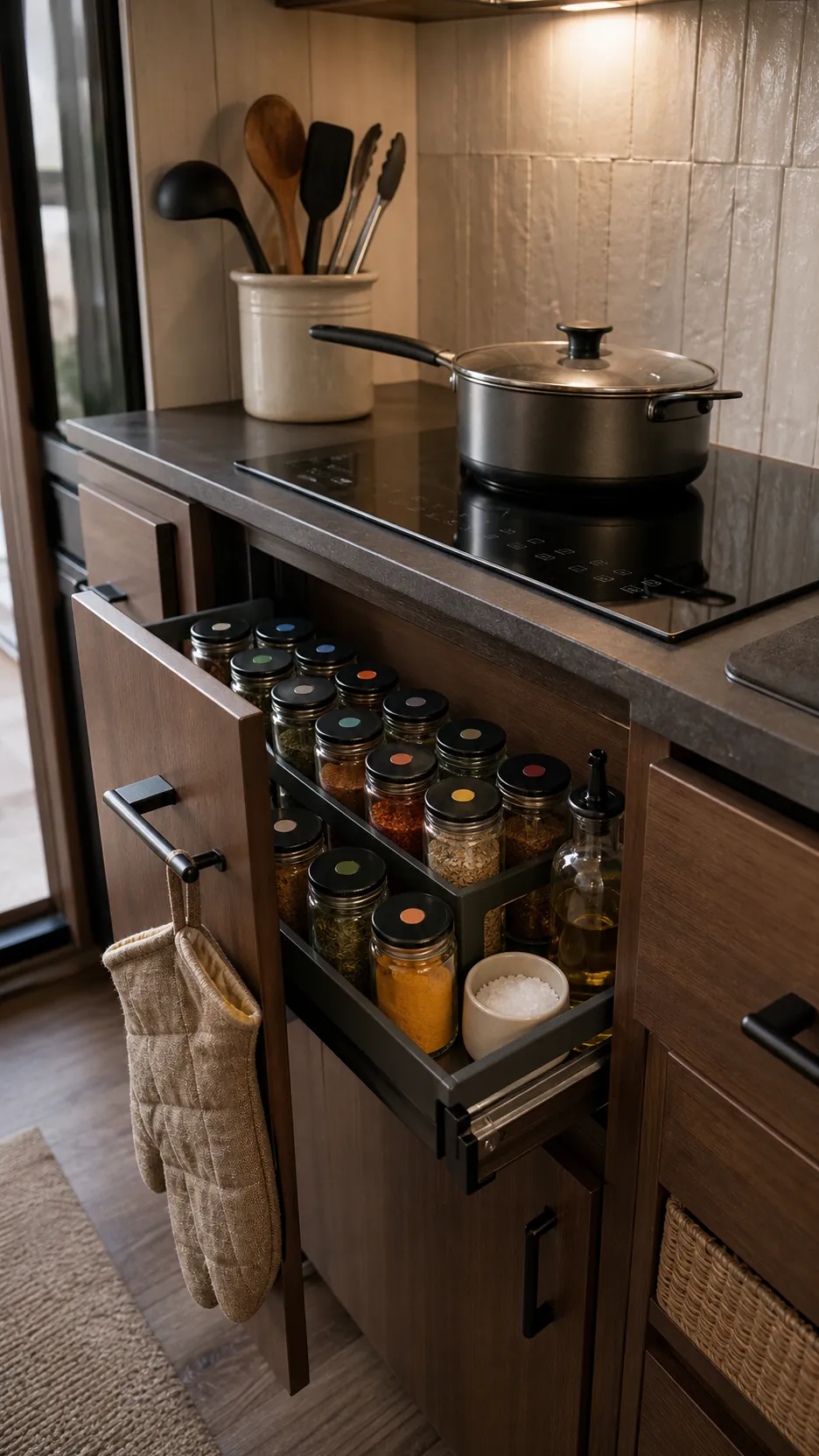 Compact cooking zone with an organized spice drawer and daily utensils