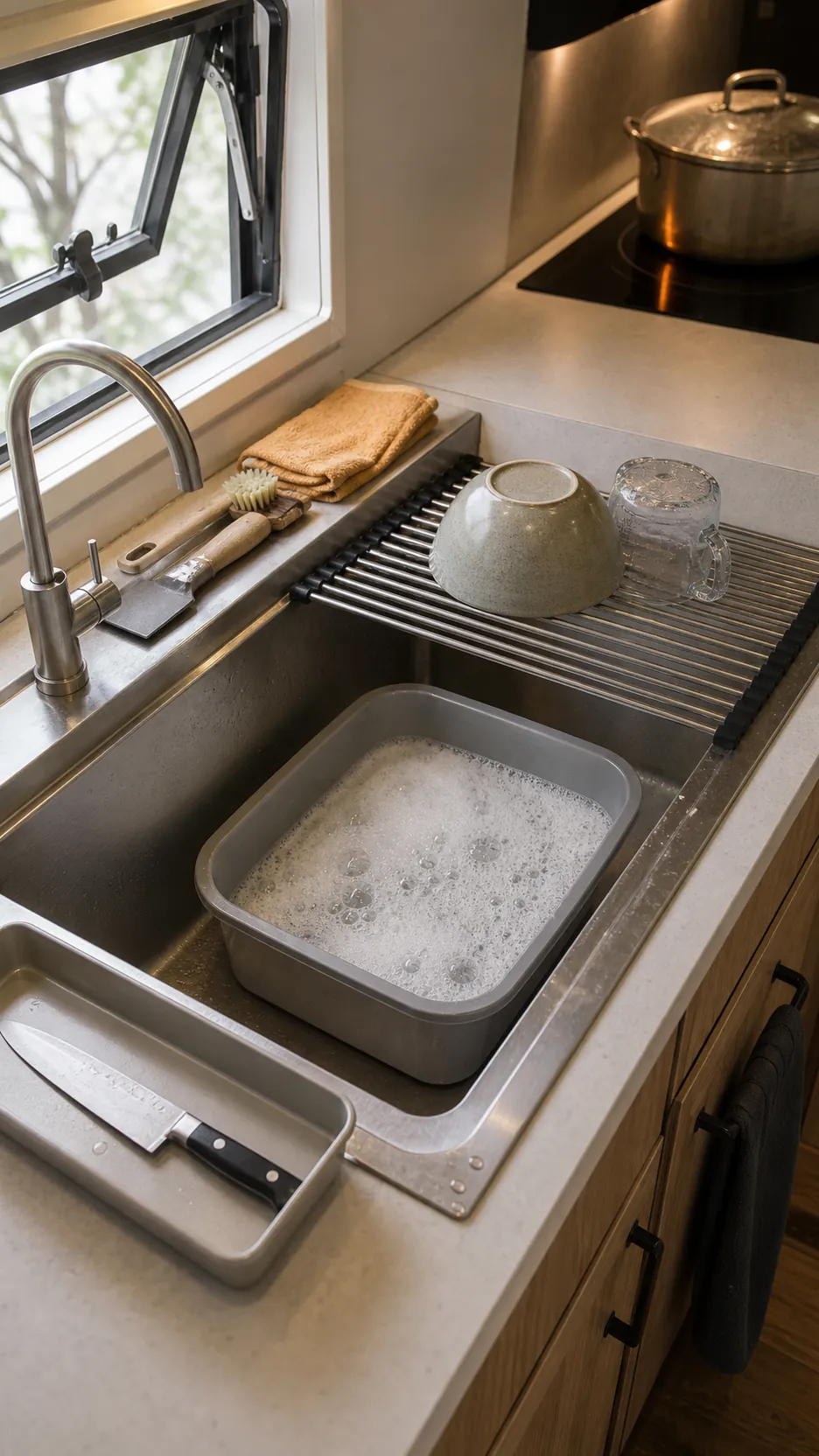 Compact sink station arranged for cleaning as food cooks