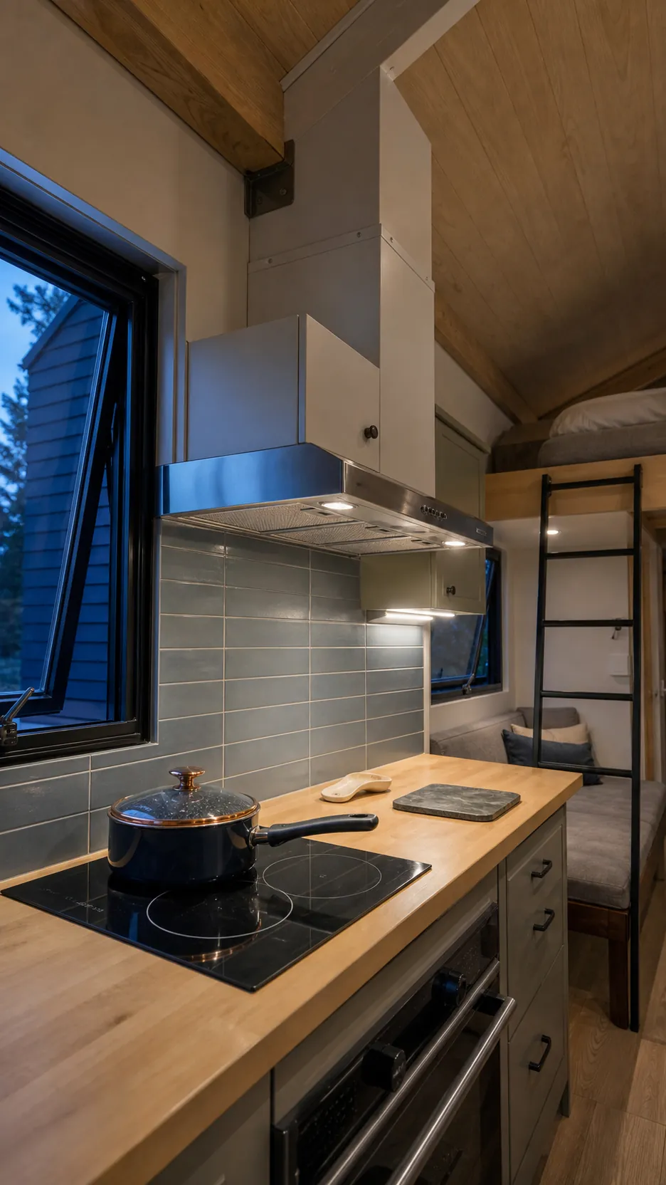 Tiny home cooking kitchen with an exterior vented hood and clear task lighting