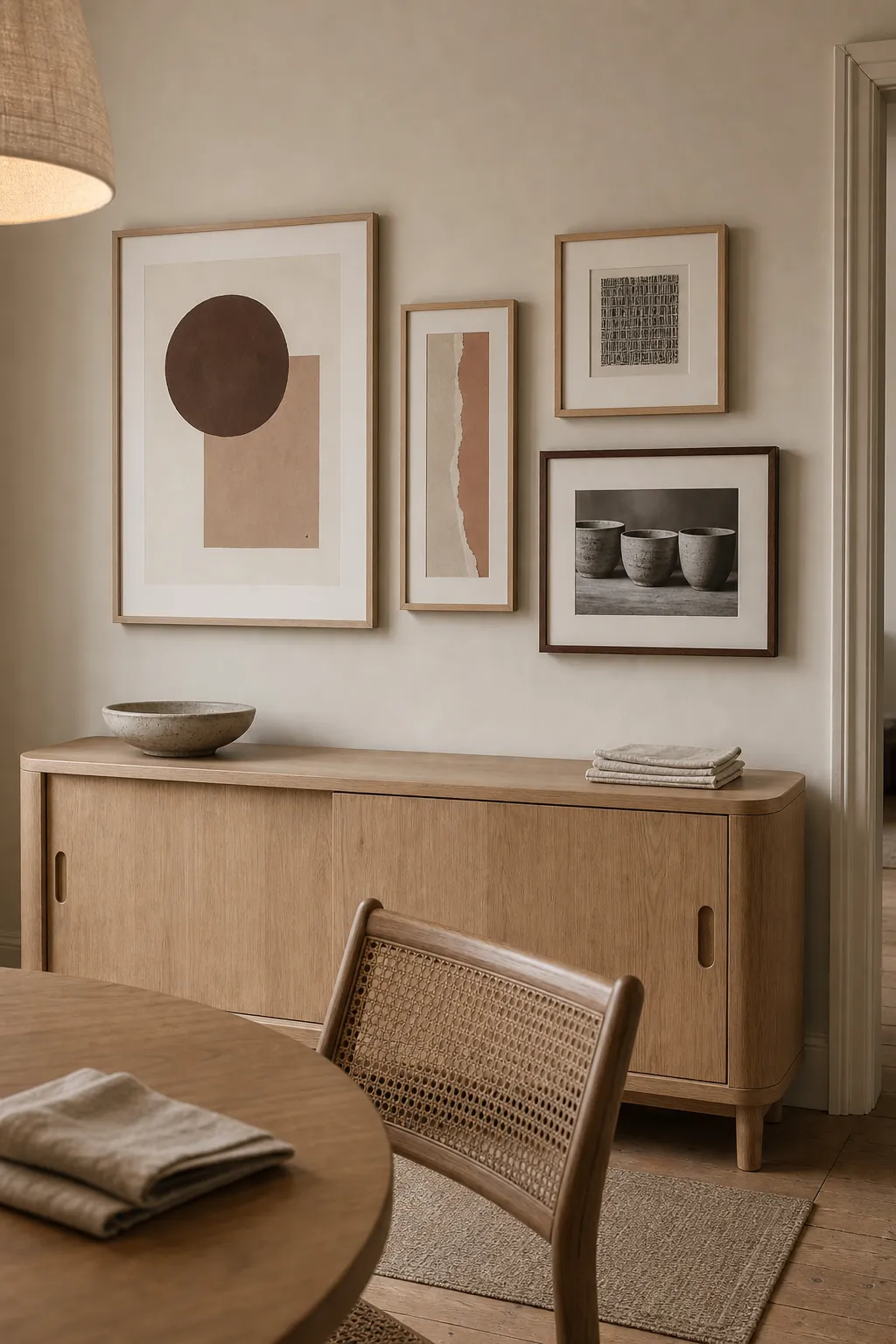 Warm tonal minimalist frame wall above an oak dining sideboard