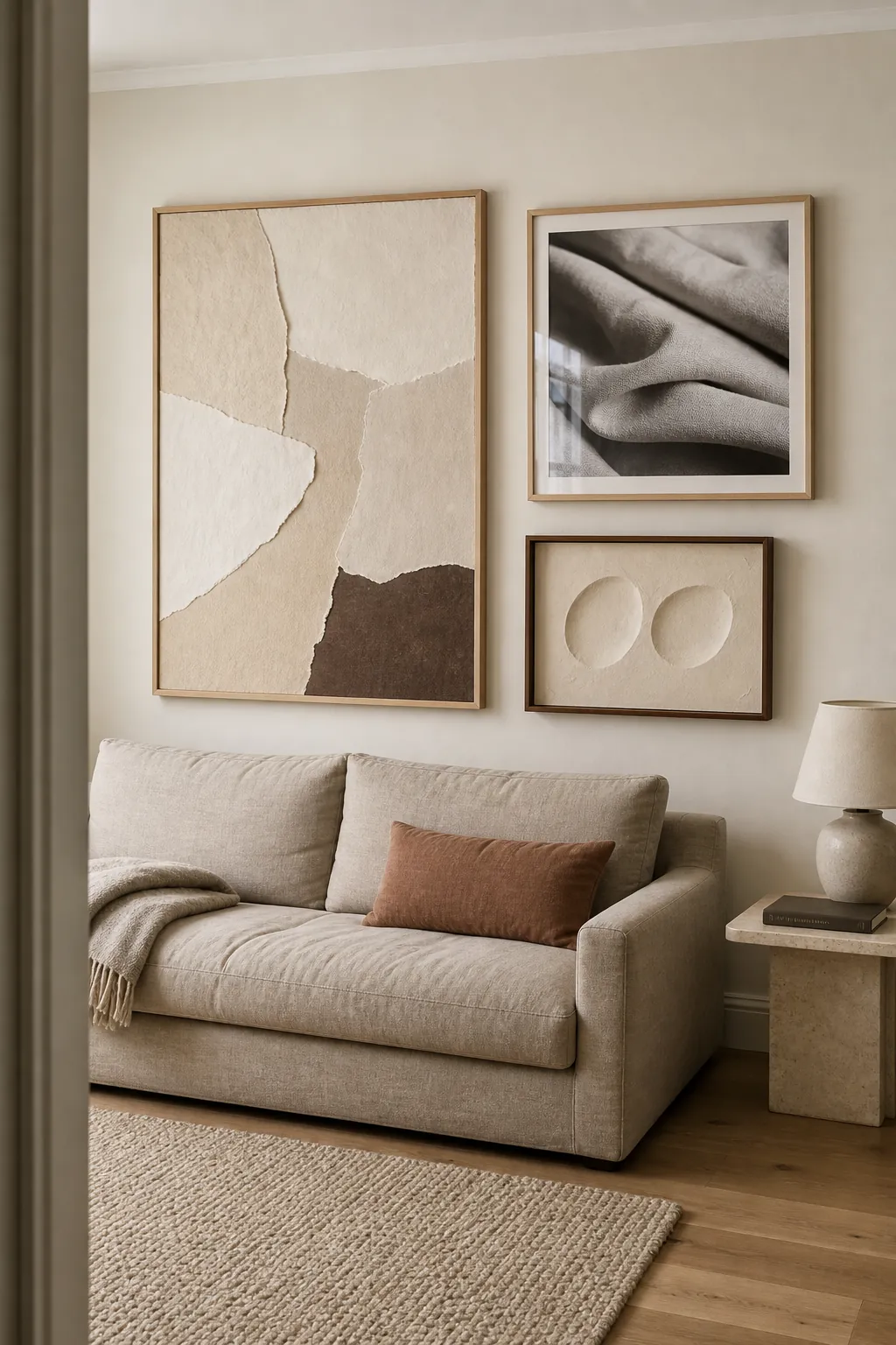 Minimalist gallery wall with three large warm neutral pieces above a linen sofa