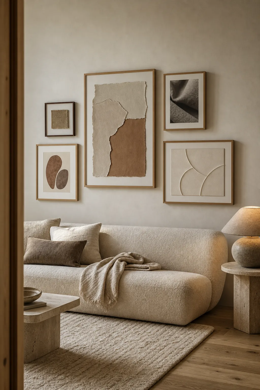 Warm minimalist gallery wall with oak frames textured paper and linen