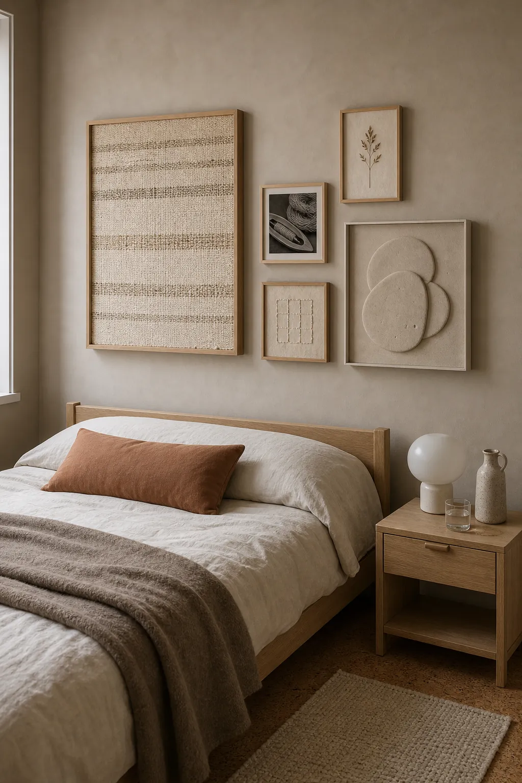 Textured minimalist bedroom gallery with woven fiber plaster relief and oak frames
