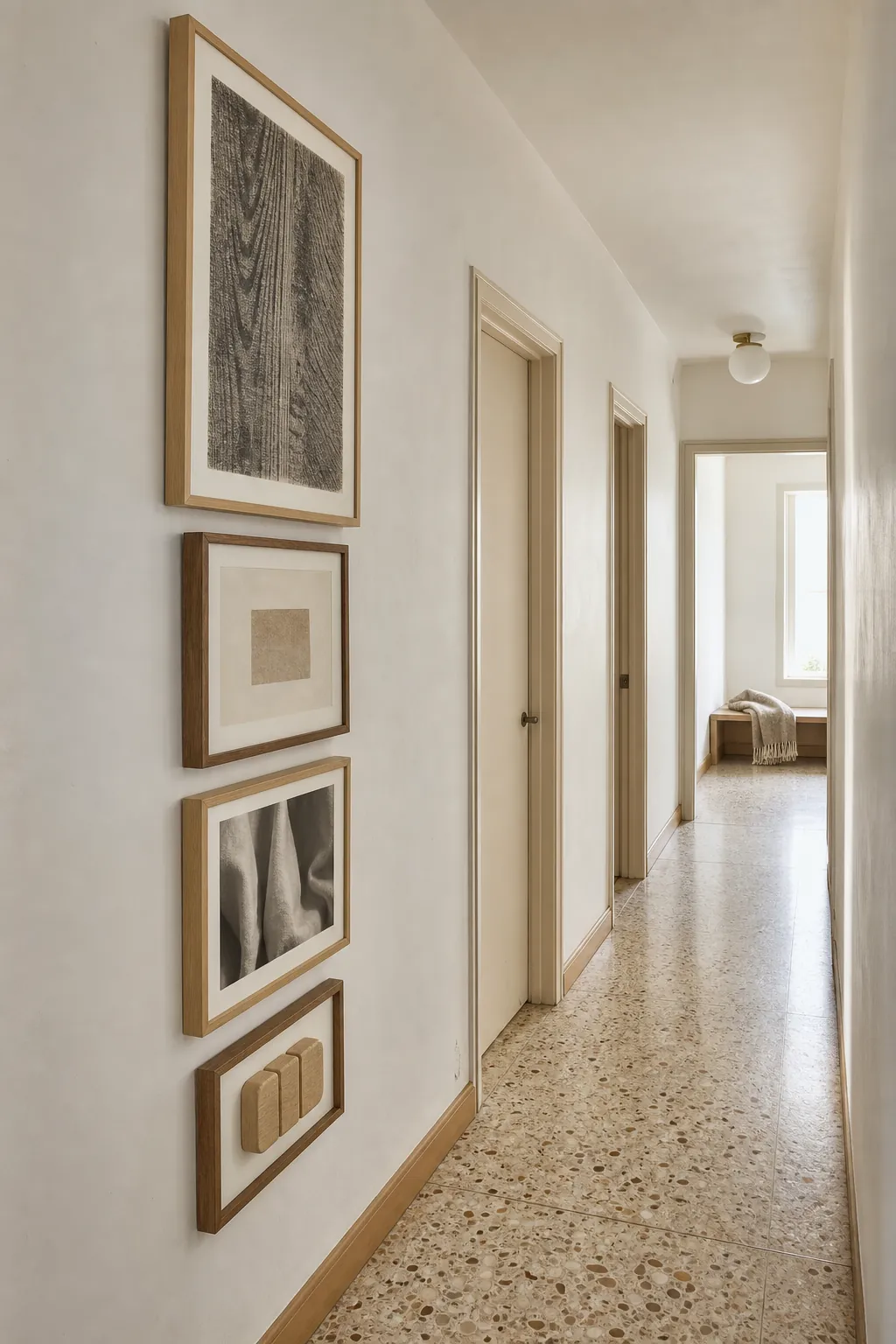 Minimal hallway gallery wall with repeated spacing and warm wood frames