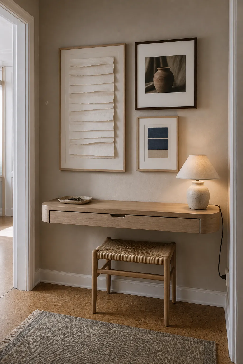 Minimalist warm gallery wall connected to a slim ash console and ceramic lamp