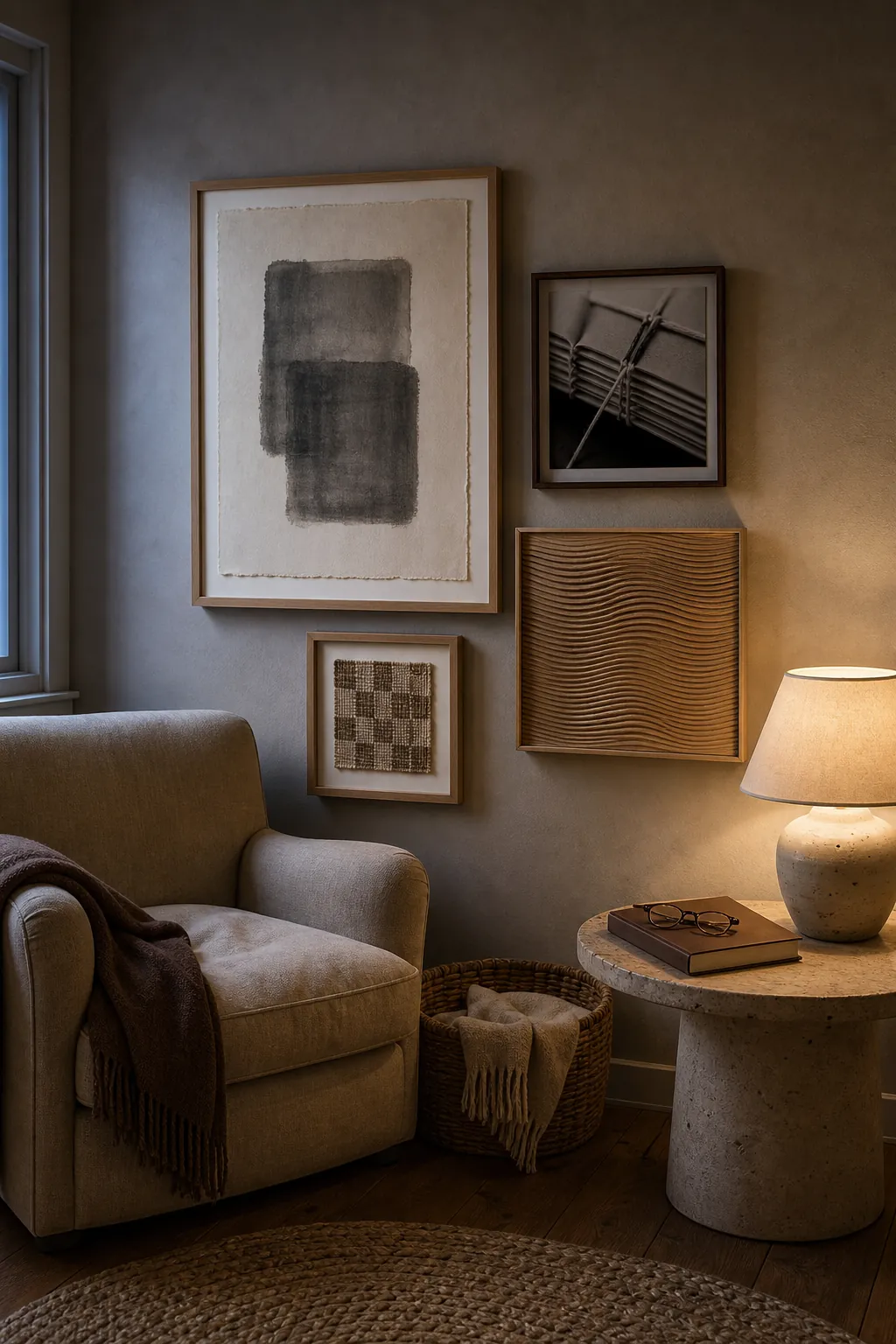 Warm minimalist reading wall with textured art revealed by soft side light