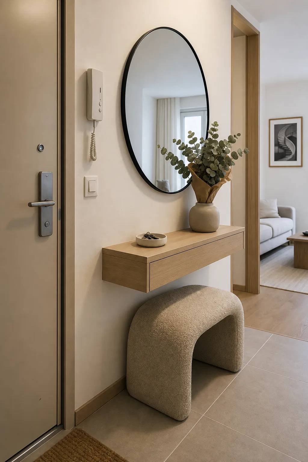 Round black frame mirror softening a compact modern foyer