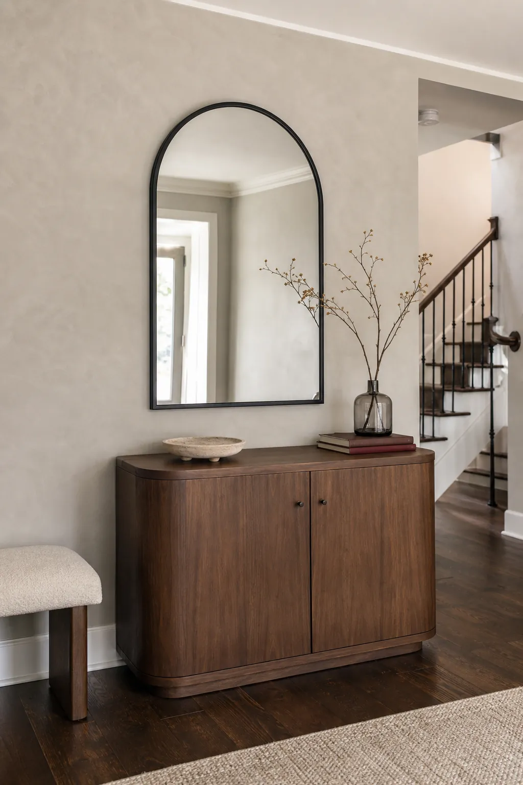 Proportional black arched mirror above a warm wood foyer console