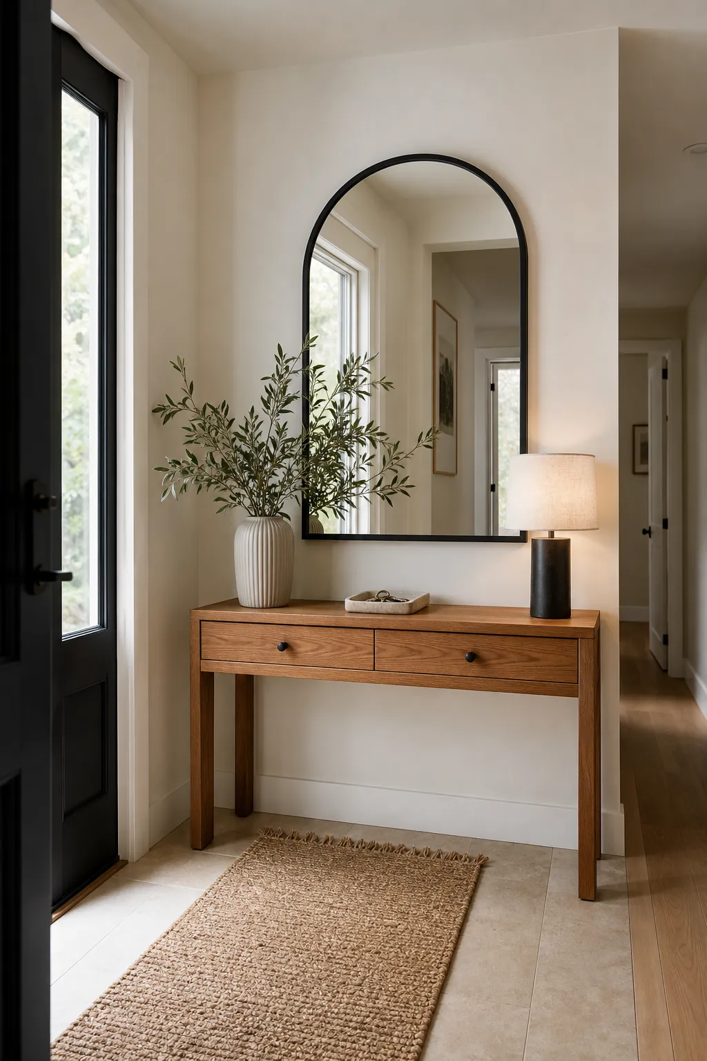 Modern foyer with a black frame mirror above a warm wood console