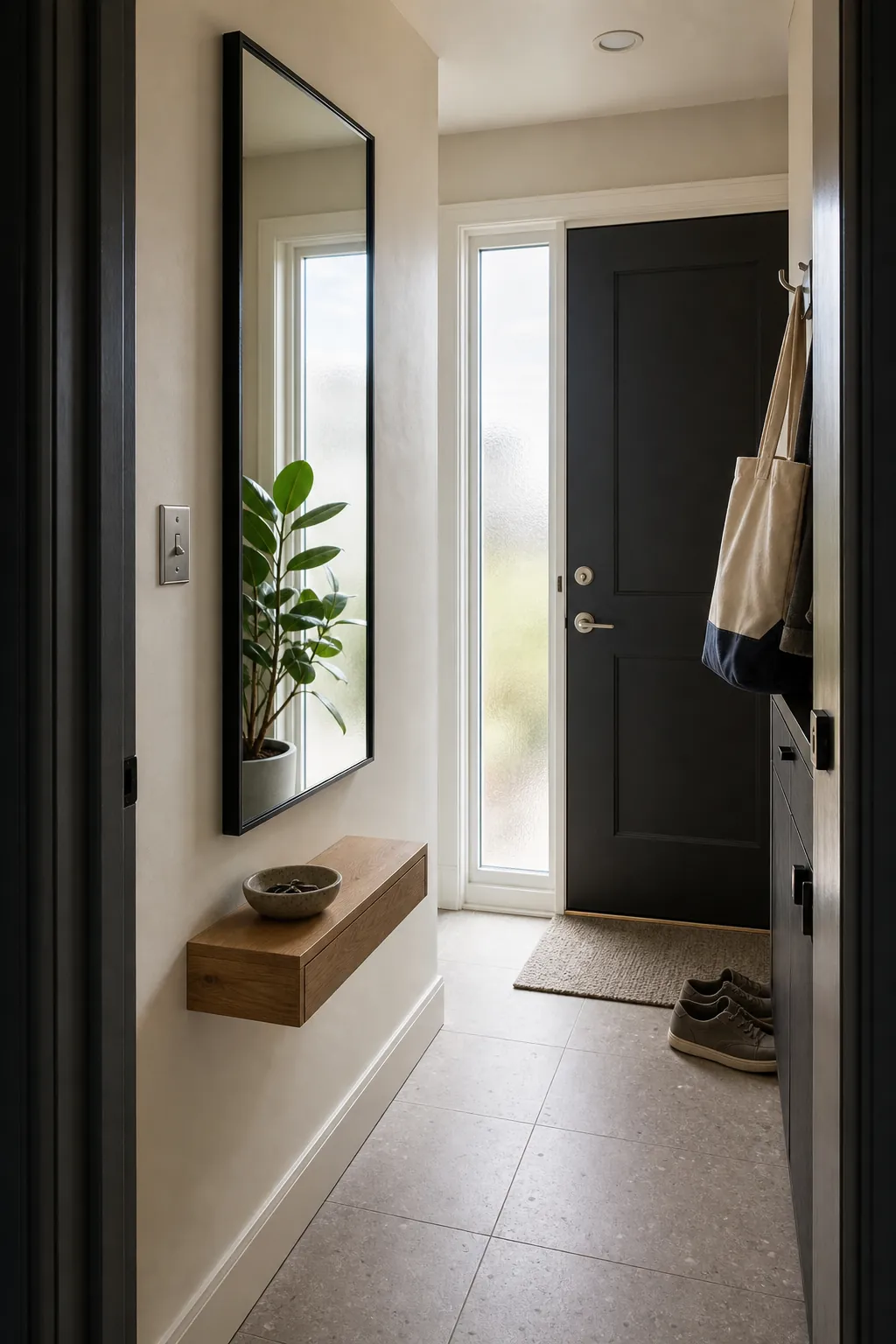 Black frame entryway mirror reflecting daylight into a modern foyer