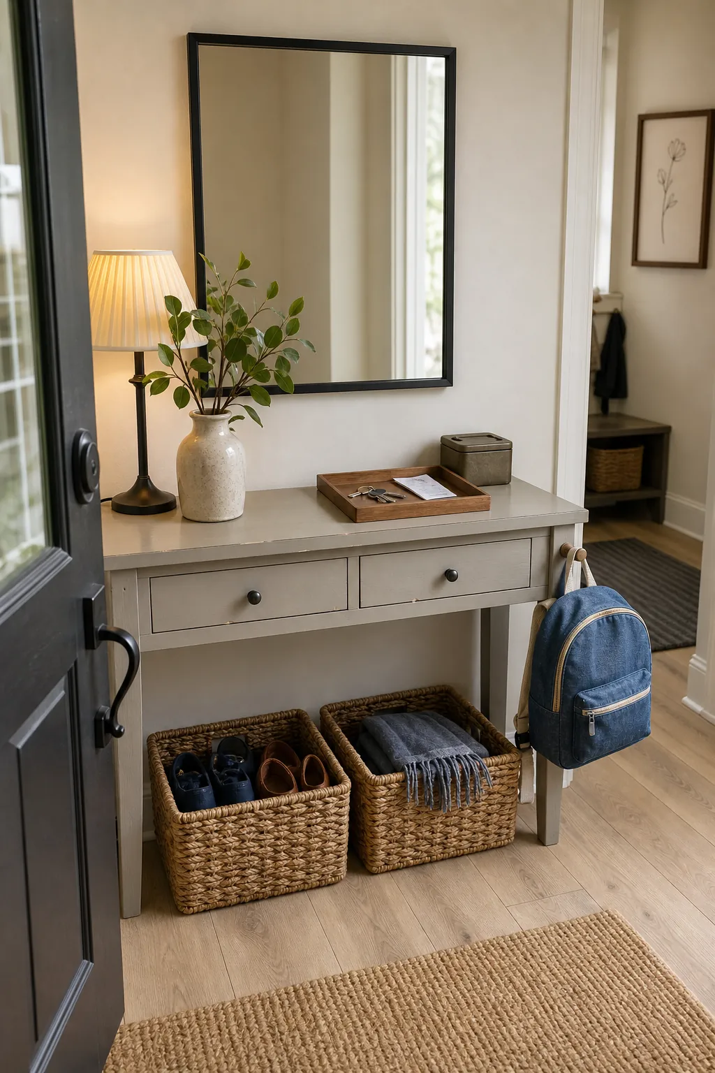 Functional modern console styling below a black frame wall mirror