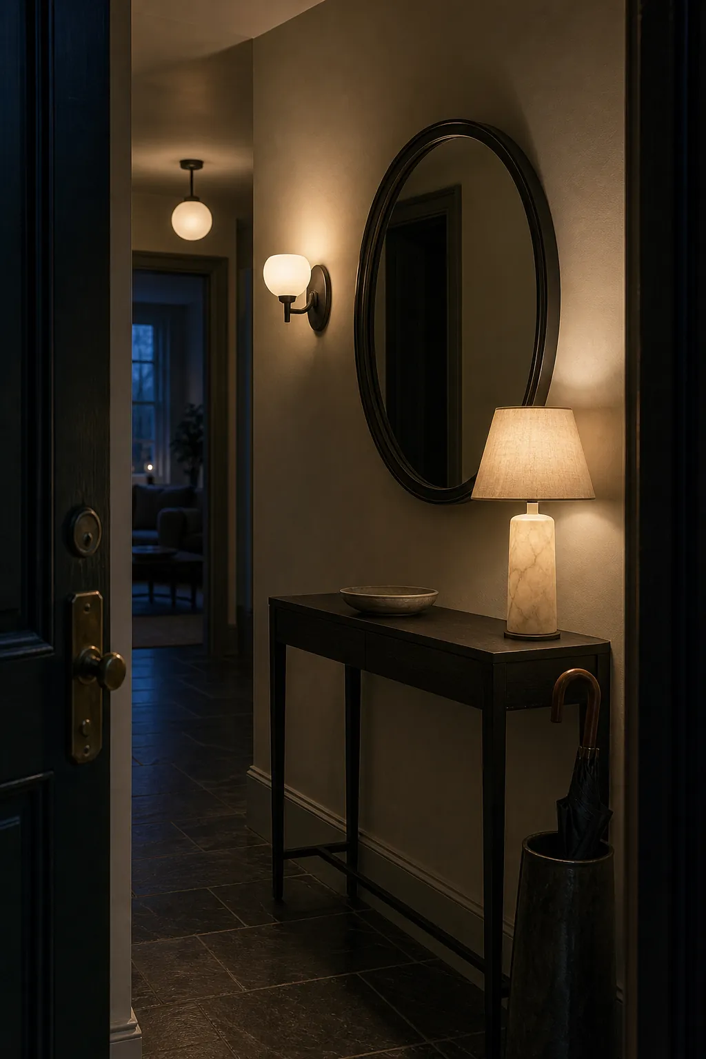 Black frame foyer mirror with layered sconce and table lamp lighting