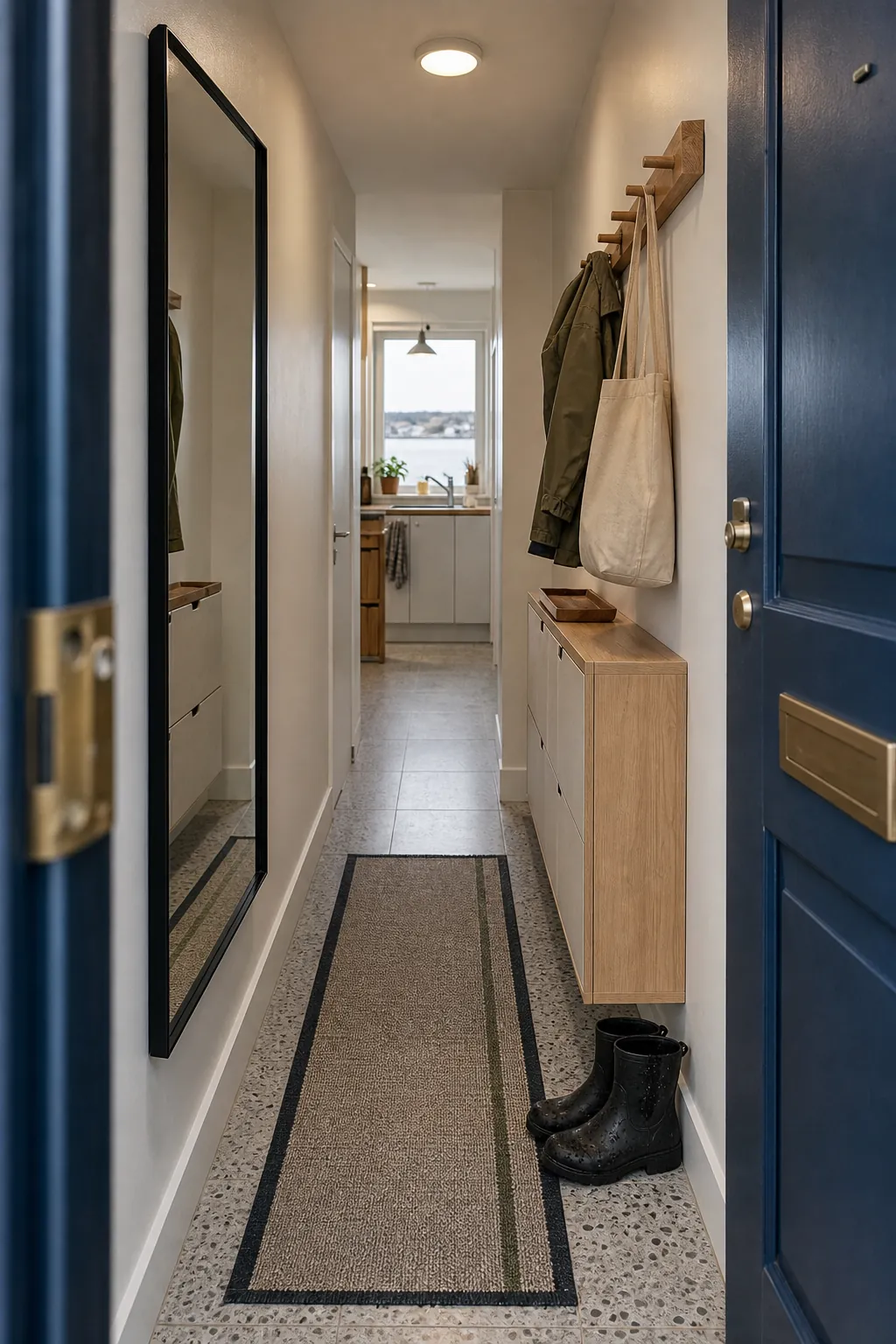 Slim black full length mirror beside a clear small foyer walkway