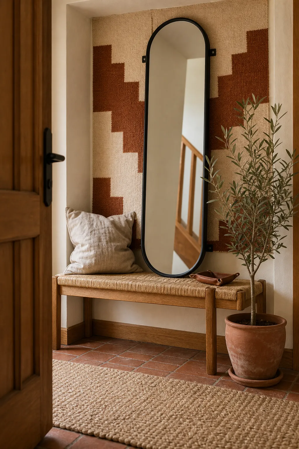 Matte black foyer mirror styled with oak linen and terracotta textures