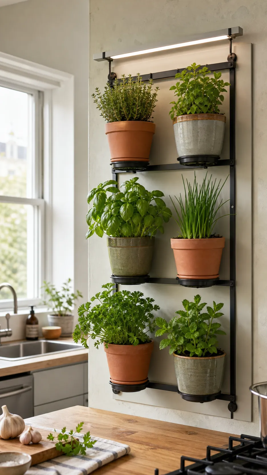 Practical indoor herb garden wall in a bright compact kitchen