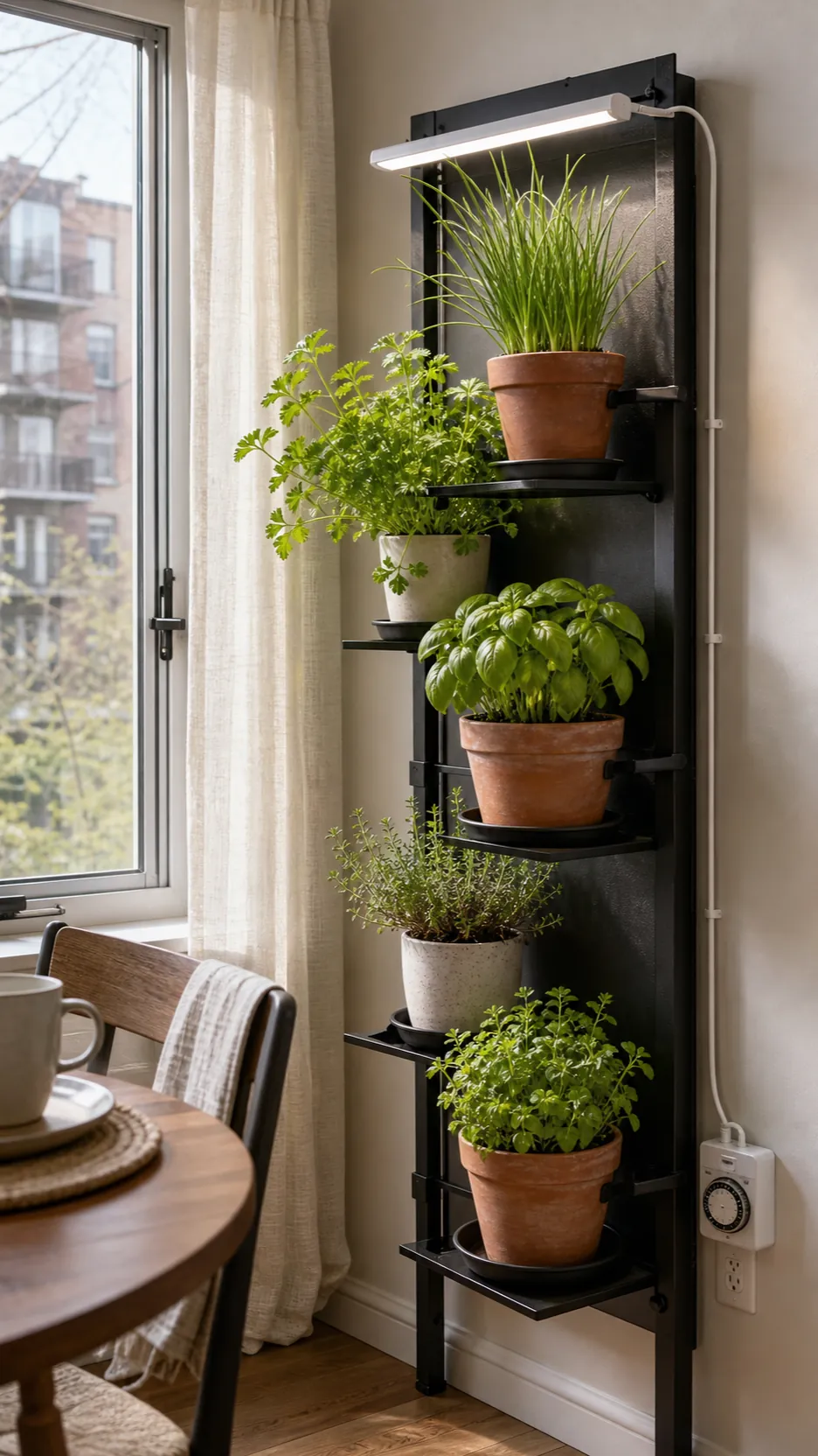 Indoor herb garden wall beside a bright kitchen window with a slim grow light