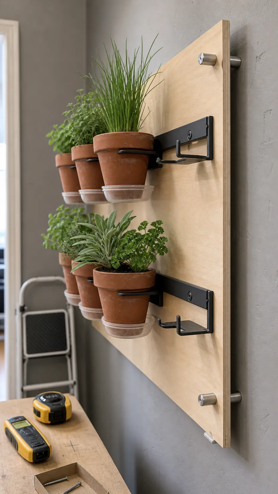 Removable indoor wall herb garden with drainage trays and a washable backing panel