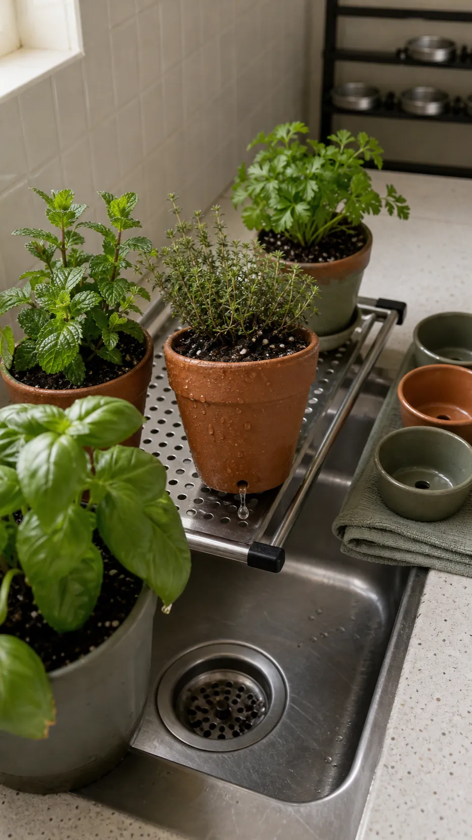Small removable herb pots draining at a kitchen sink before returning to a wall rack