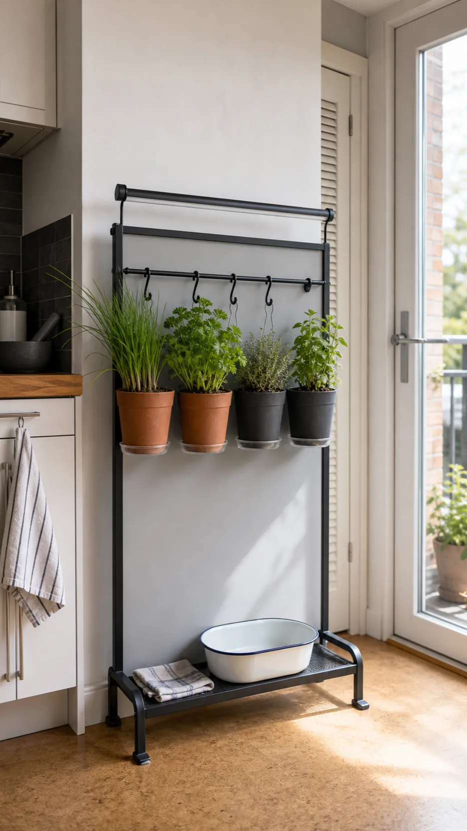 Compact four-pot indoor herb wall starter setup for a small apartment