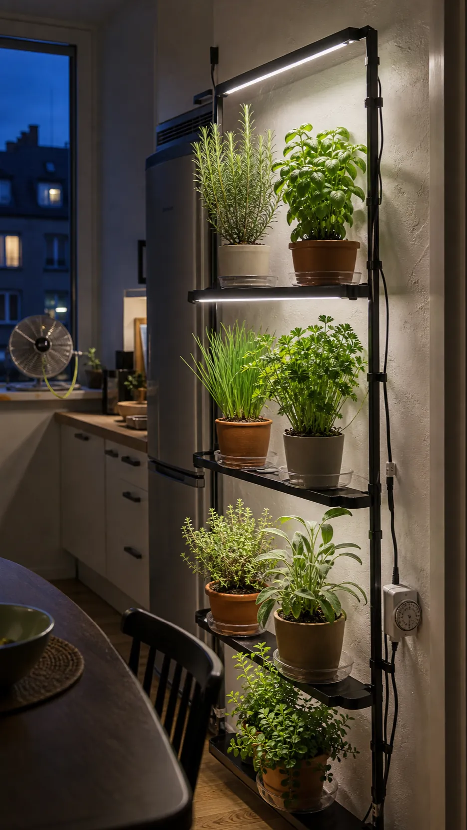 Vertical kitchen herb garden under a balanced white grow light with open airflow