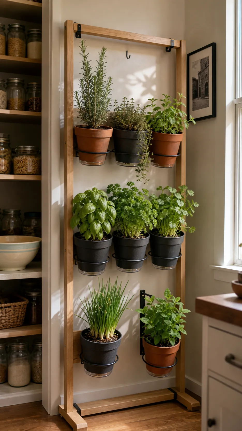 Indoor herb wall arranged into moist and dry care zones with separate pots