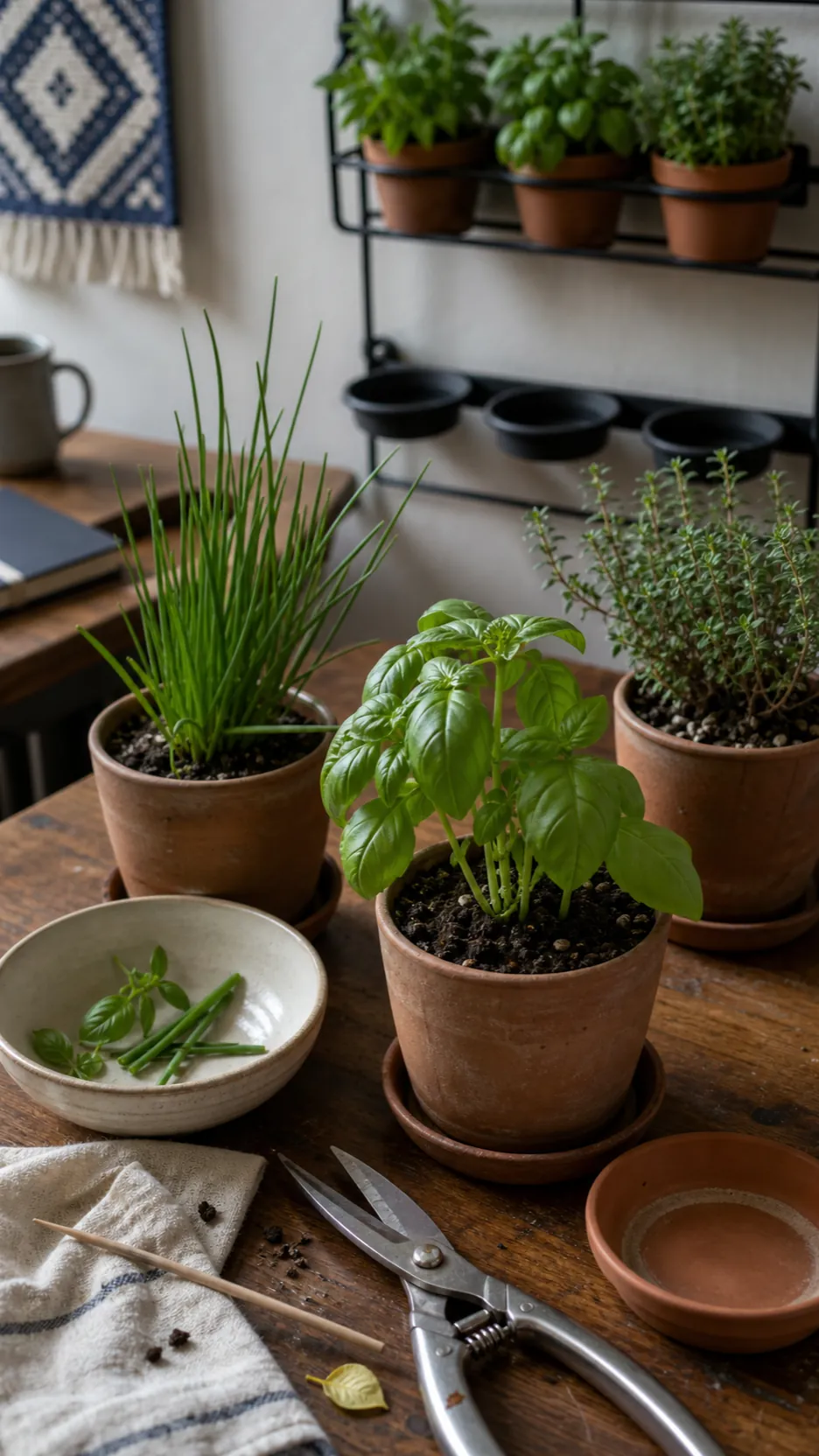 Weekly care of a compact indoor herb wall with pruning shears and labeled pots