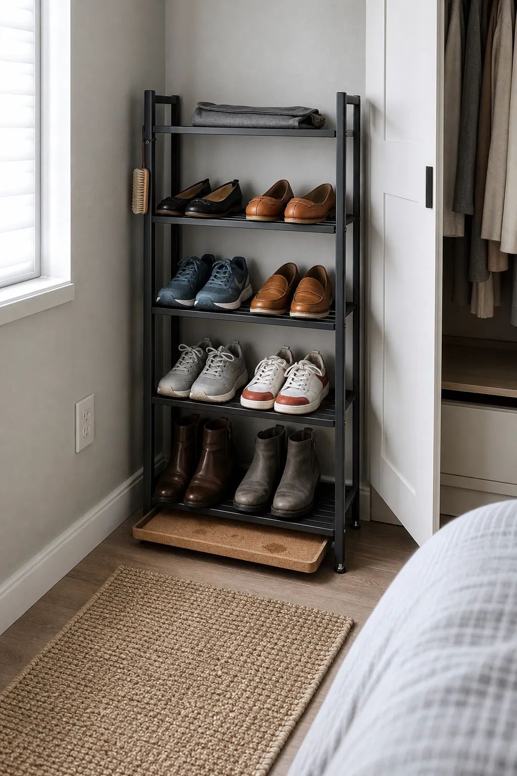 Slim vertical shoe rack fitted between a wardrobe and wall in a small bedroom