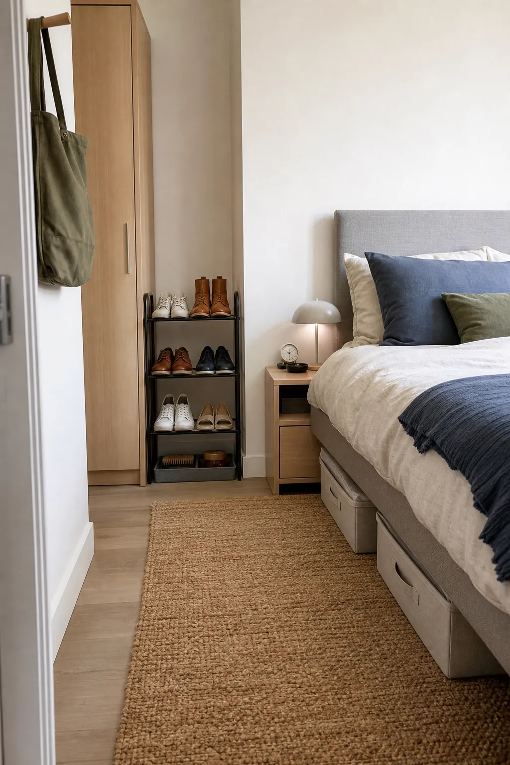 Organized shoe storage in a small bedroom with a slim rack and under-bed bins