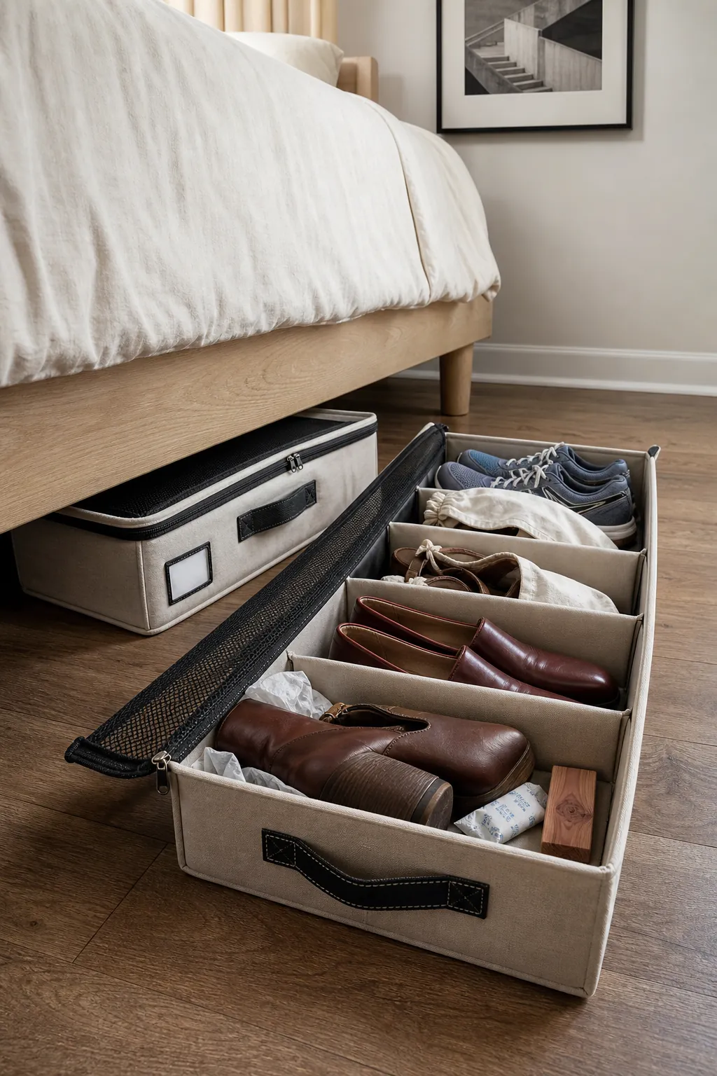 Breathable lidded shoe bins sliding under a low bed in a small bedroom