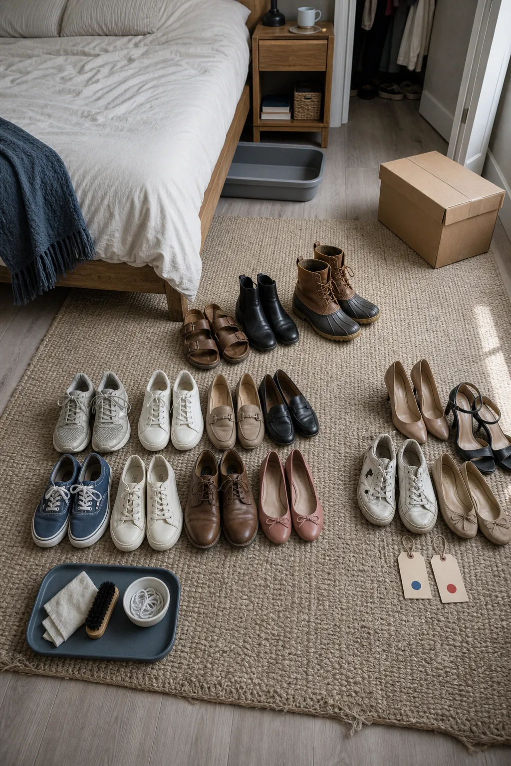 Shoes sorted into keep rotate and donate groups on a small bedroom rug