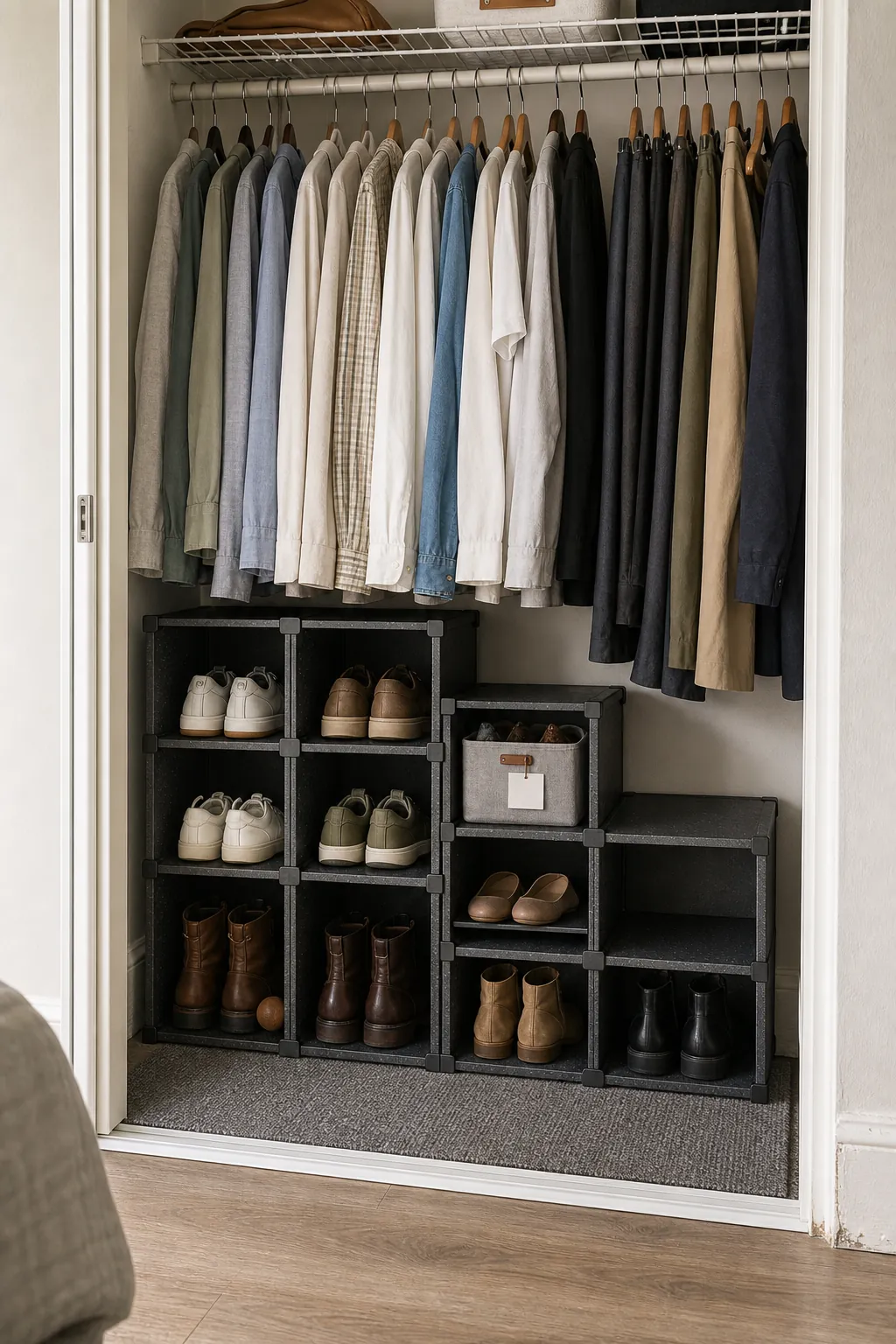 Adjustable shoe cubbies using the lower half of a small bedroom closet