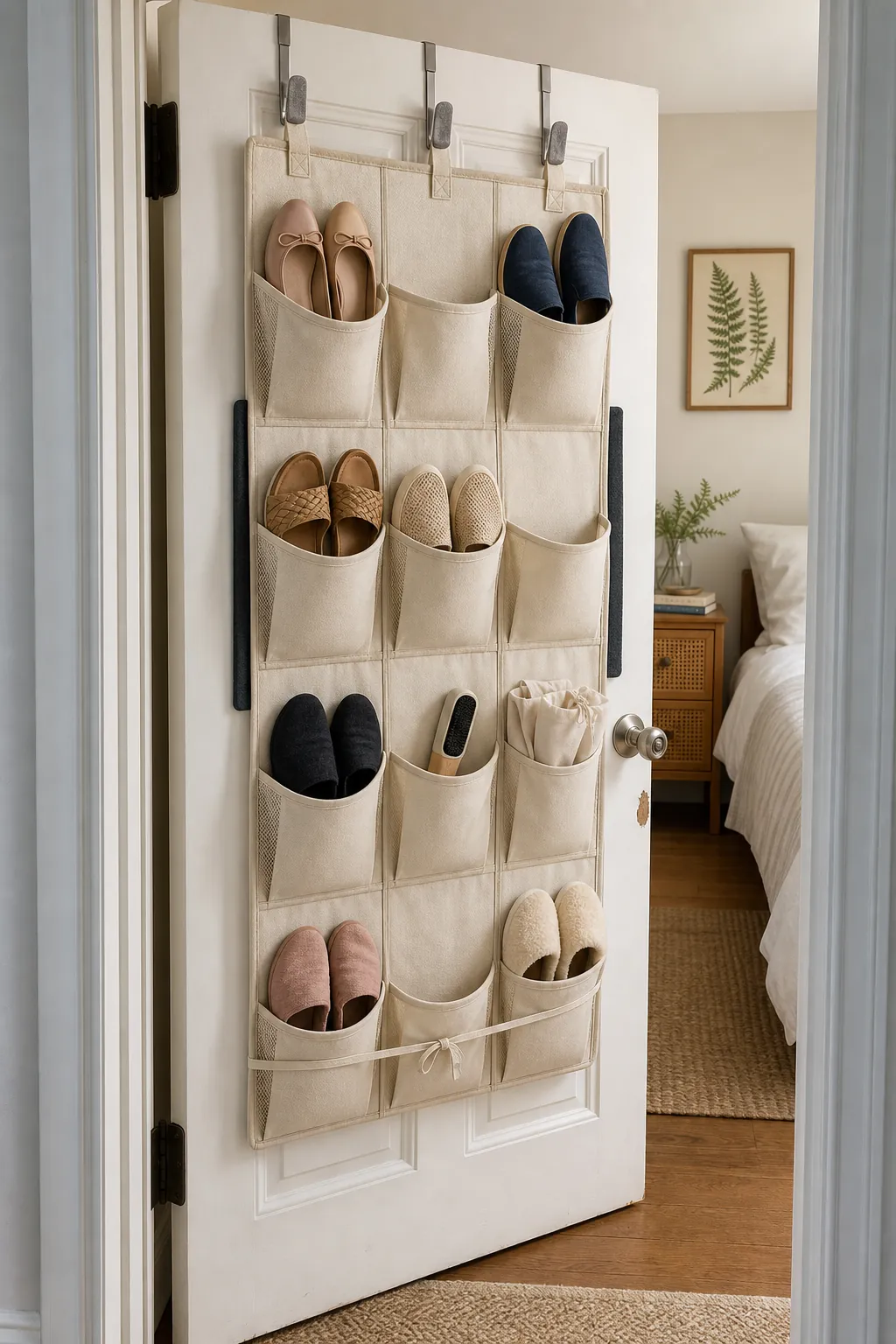 Breathable over-door shoe organizer holding lightweight shoes in a rented bedroom