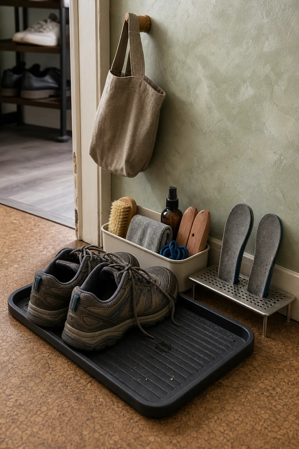 Compact shoe landing tray and cleaning kit near a small bedroom doorway